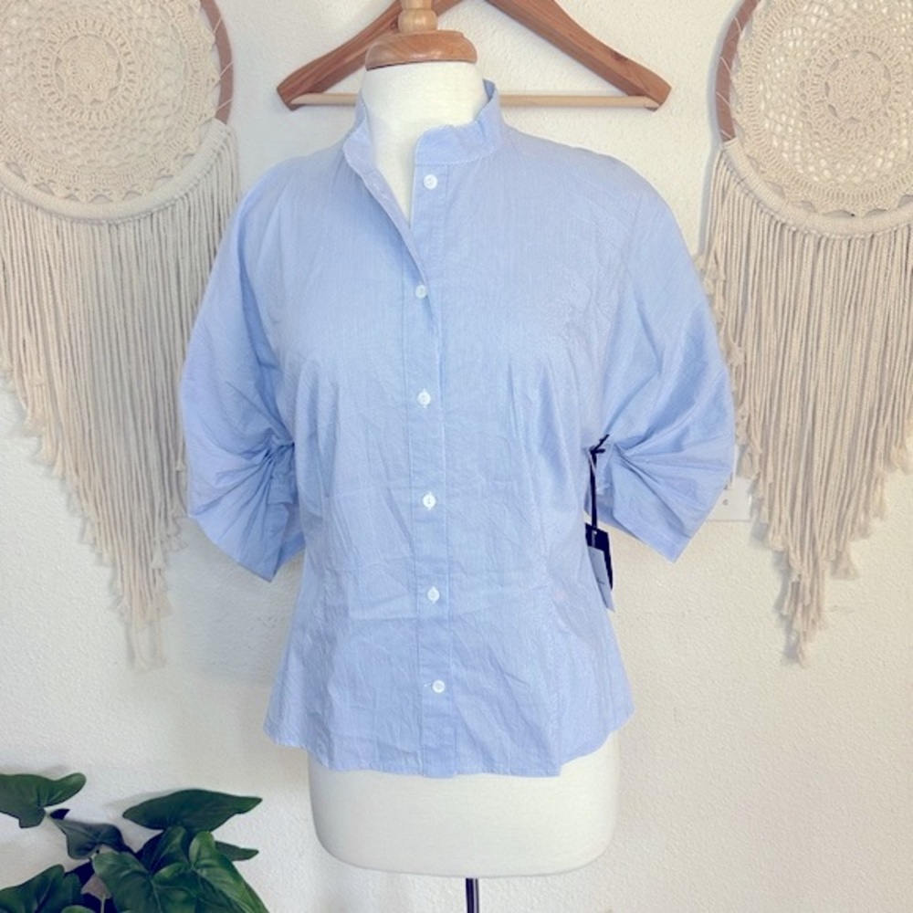 Worth blue and white striped sleeve detail button front blouse 10